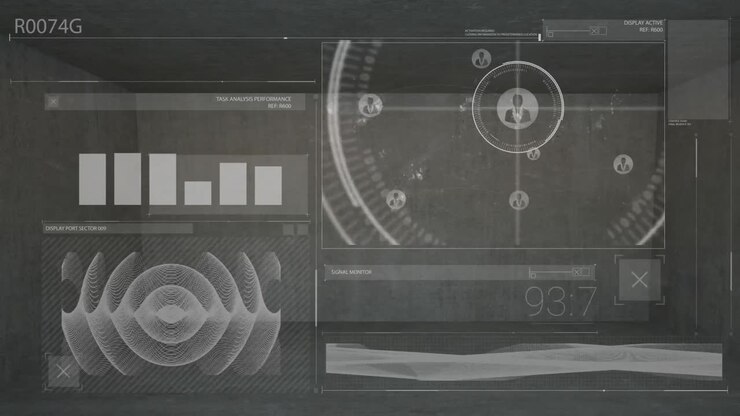 Animation of interface with data processing against grey empty room