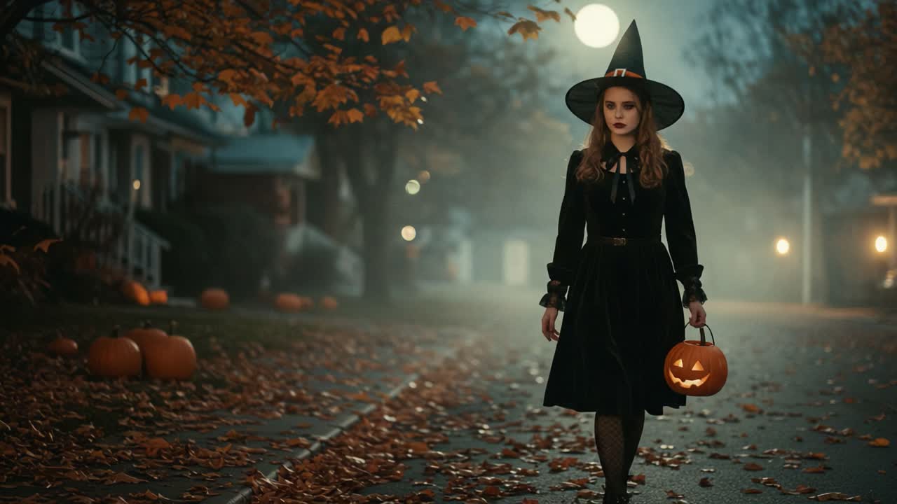 A Mysterious Witch Strolling Through an Autumn Street with a Jack-o'-Lantern at Dusk, Surrounded by Pumpkins and Golden Leaves under a Full Moon