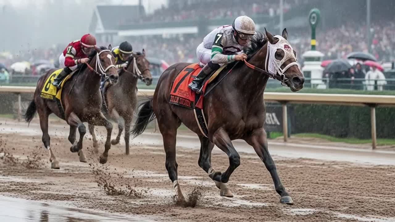 Jockey and Horse Racing to Victory on a Muddy Track in the Rain
