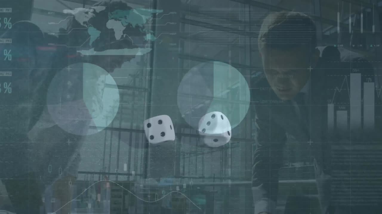 Animation of data processing and diverse business people over dices