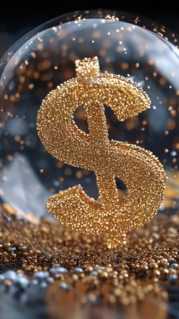 Un'accattivante esposizione di valuta dorata: il design intricato di un simbolo del dollaro scintillante racchiuso in una sfera luccicante cattura ricchezza e prosperità