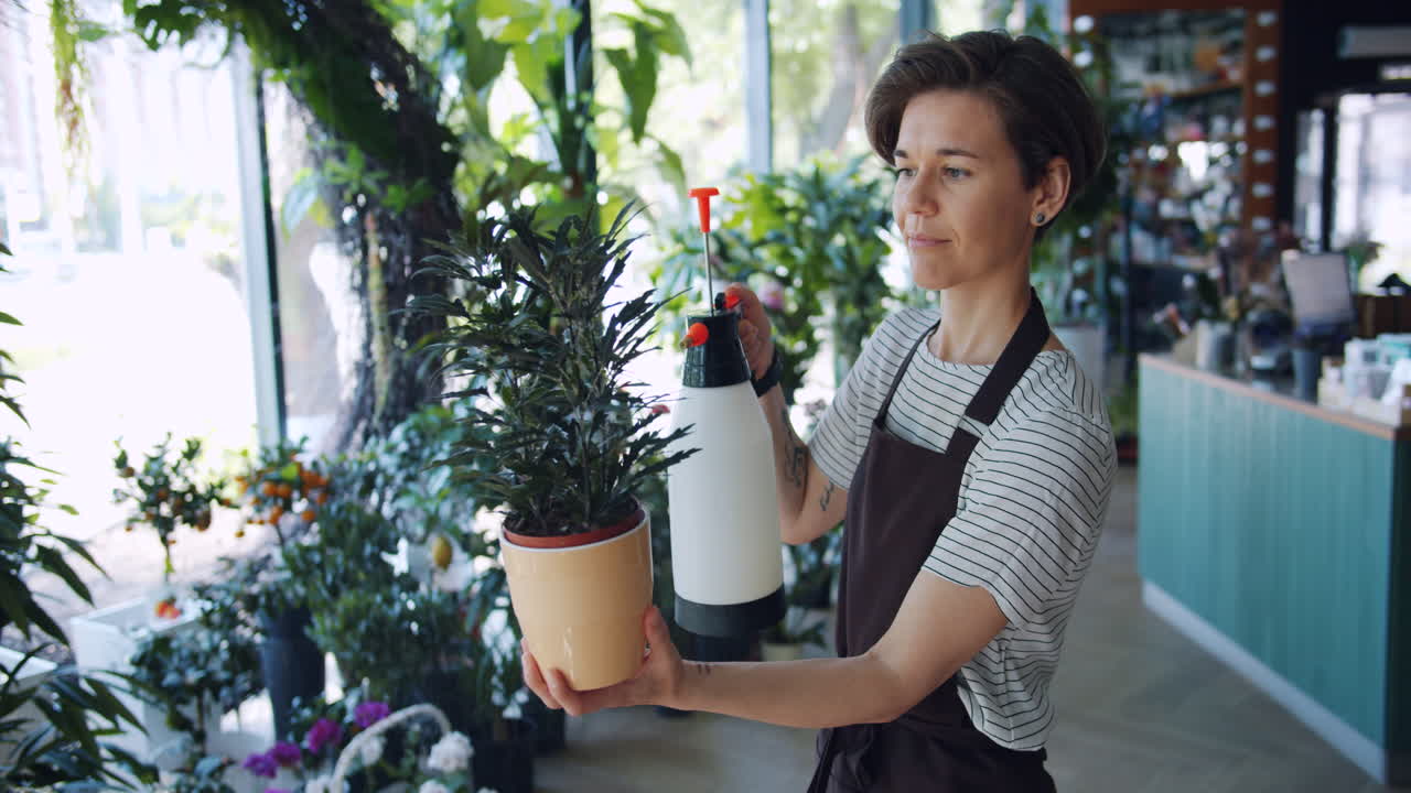 mujer regando plantas en una tienda de flores