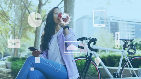 animation of icons, asian woman drinking coffee and holding cellphone while sitting beside bicycle