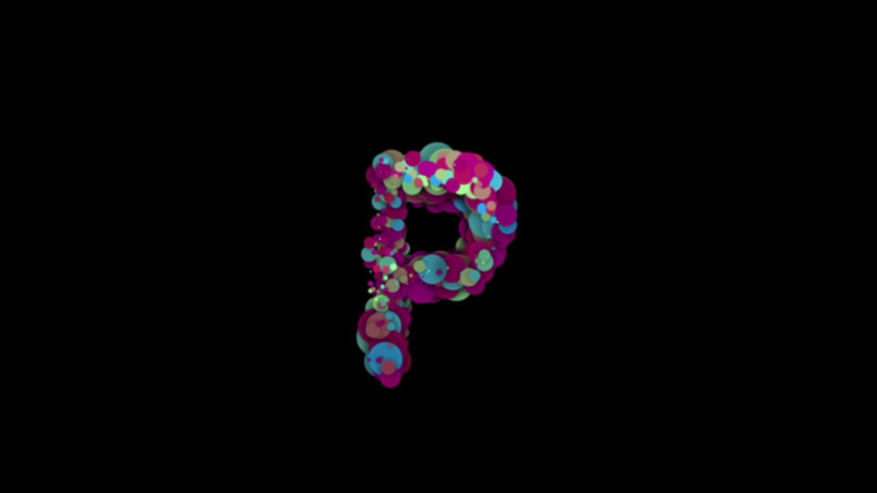 Colorful particle bubbles forming letter P on transparent background
