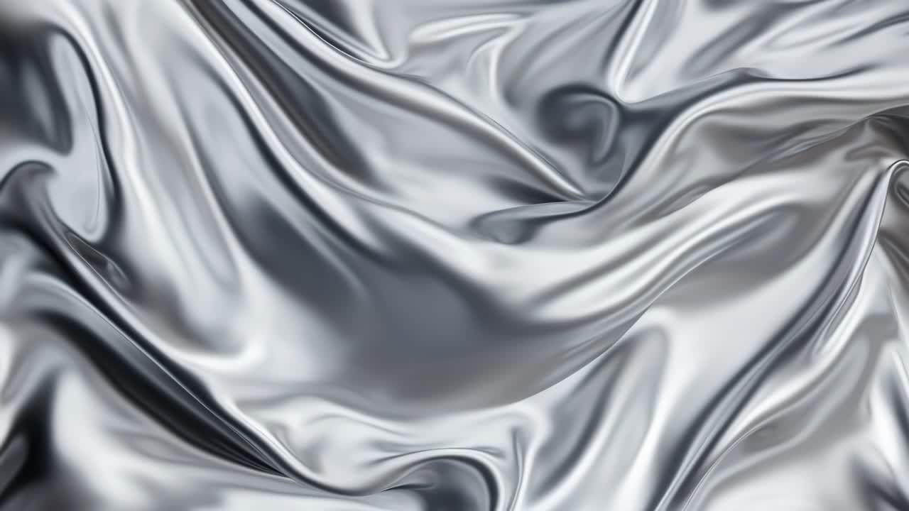 Close-up video of smooth, flowing silver fabric with a luxurious, silky texture