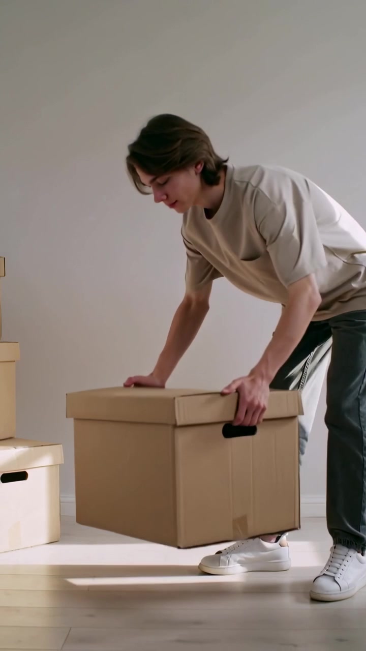 Video vertical: Hombre con camiseta entra en la habitación, llevando una caja con tapa y colocándola junto a cajas apiladas para clasificar.