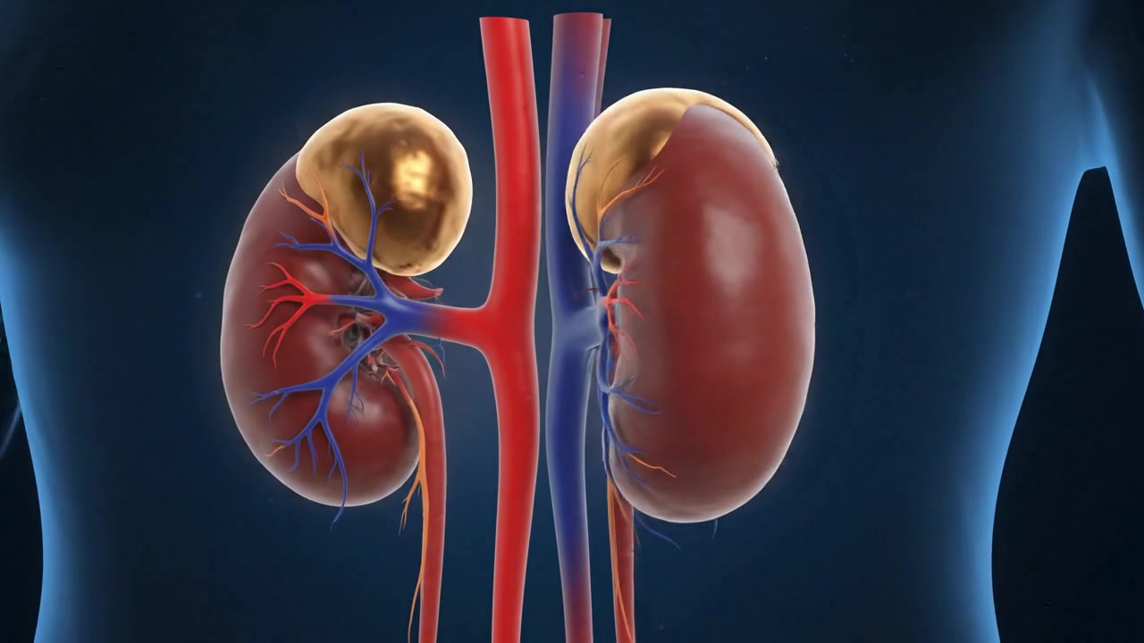 Detailed human kidneys with branching red and blue vessels on dark medical background