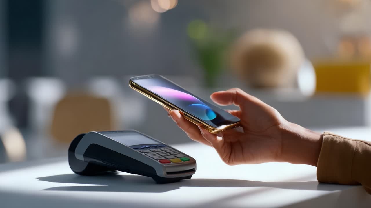 Contactless Payment Technology in Action: A Person Making a Secure Mobile Payment Using Their Smartphone at a Modern Checkout Counter with a Card Reader