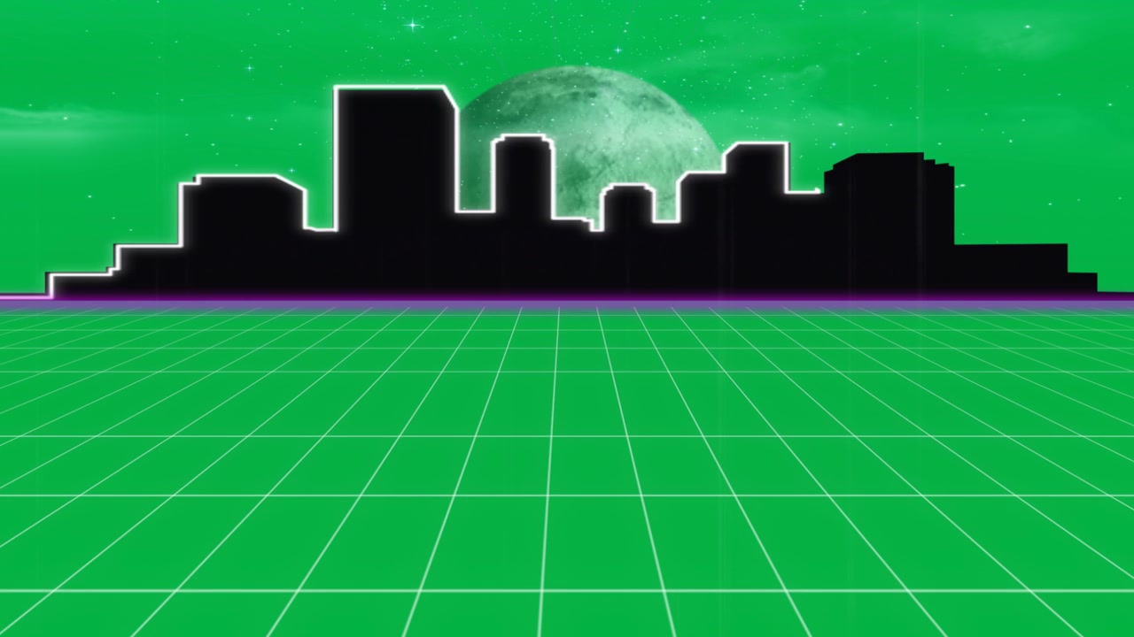 Animazione skyline città in stile retro synthwave con griglia verde