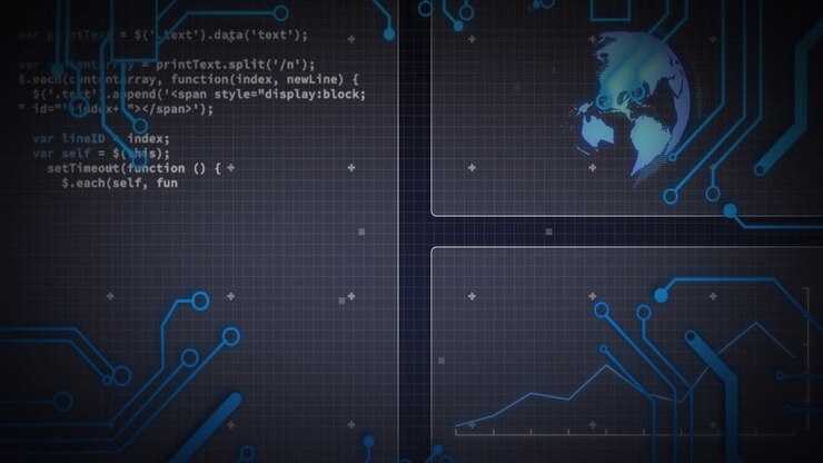 Animation of scope scanning, processor elements and data processing on screens over grid