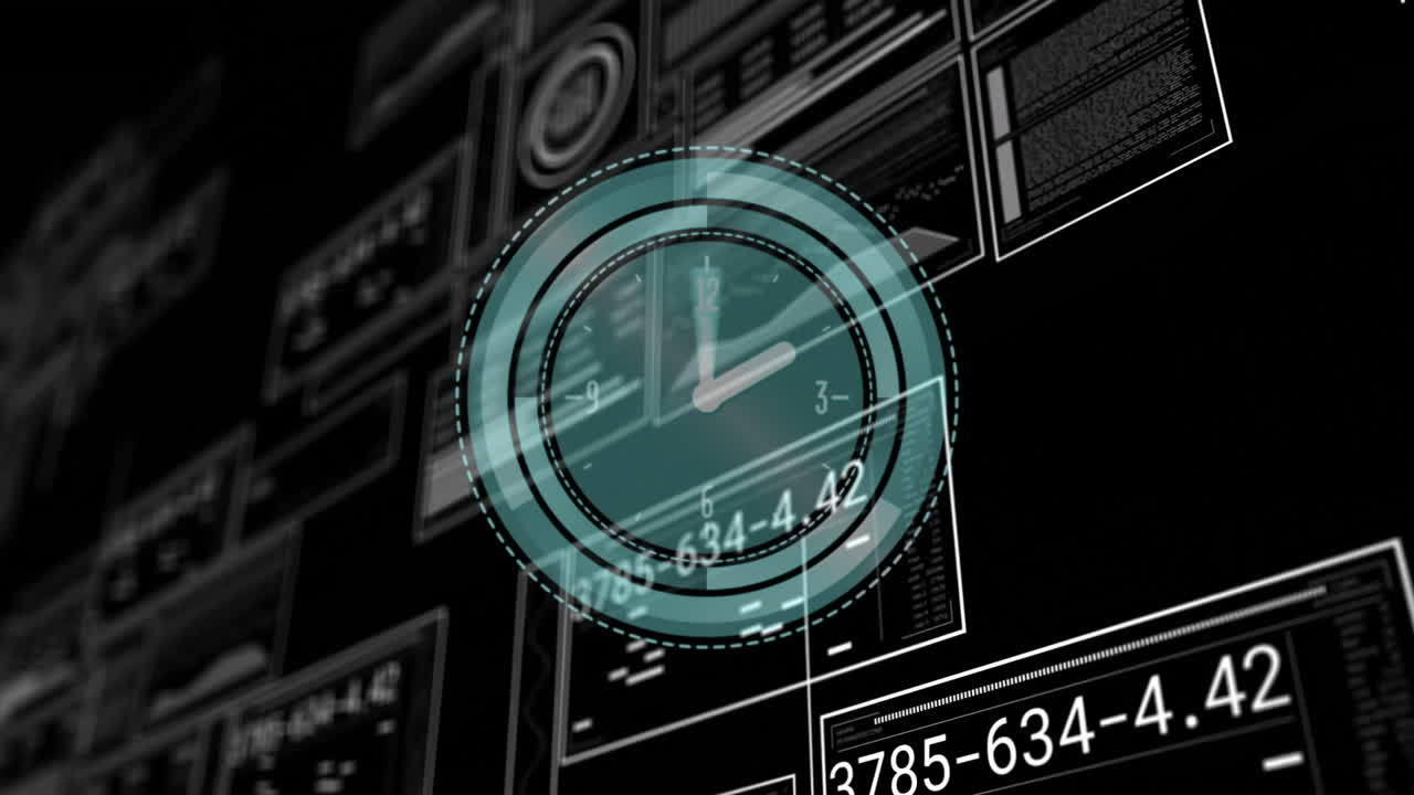 Clock animation over digital data and graphs on black background