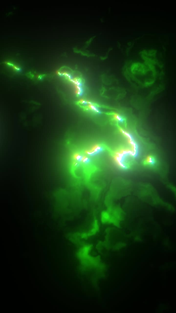 Vertical Video Green Abstract Energy Fluid Lightning Glowing with Chromatic RGB Aberration.