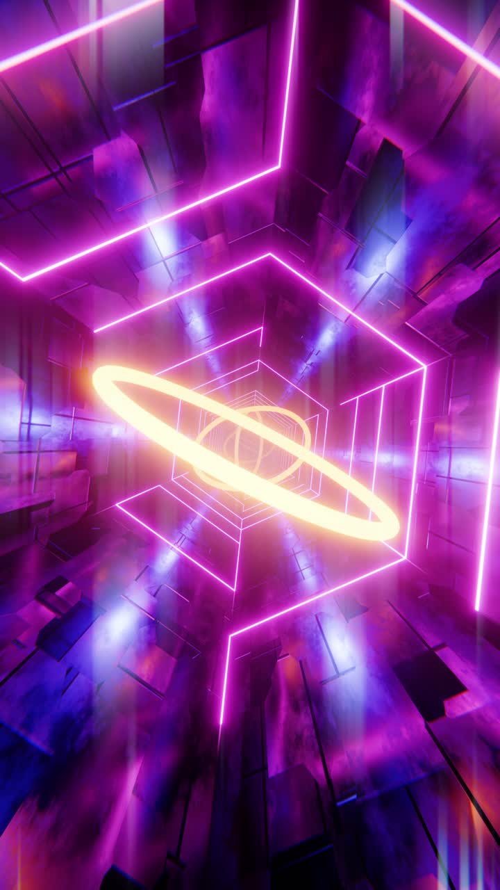 volando attraverso un tunnel con barre viola e anelli gialli. video a loop verticale
