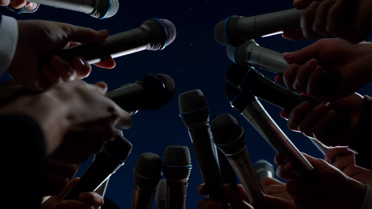 Many hands holding microphones at a press conference or media event