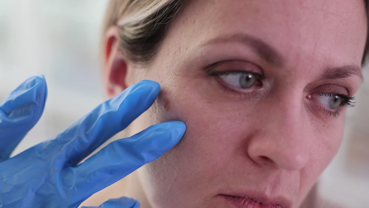 Læge undersøger modermærke i en kvindes ansigt under et dermatologisk tjek.