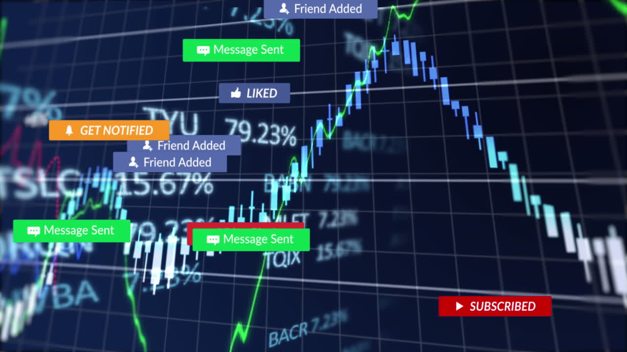 검은 바탕 위의 알림 바, 그래프 및 거래 보드의 애니메이션