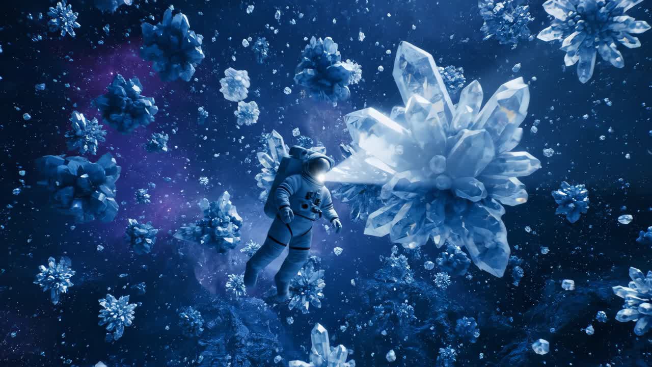 Astronauta in un ambiente spaziale pieno di cristalli