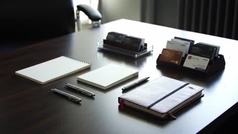 a well-organized office desk set-up featuring stationery, notebooks, and business cards, portraying a professional work environment in two frames