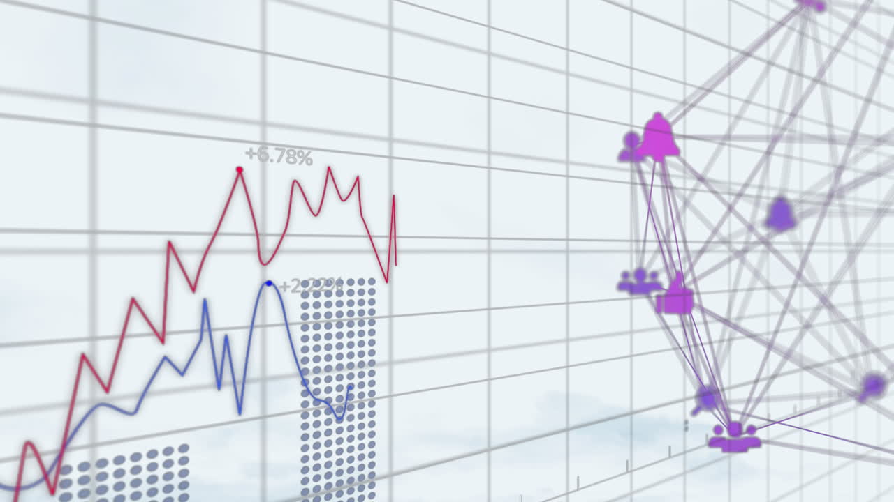 연결된 사람, 종 및 전 세계를 형성하는 아이콘과 같은 그리드에 있는 여러 그래프의 애니메이션