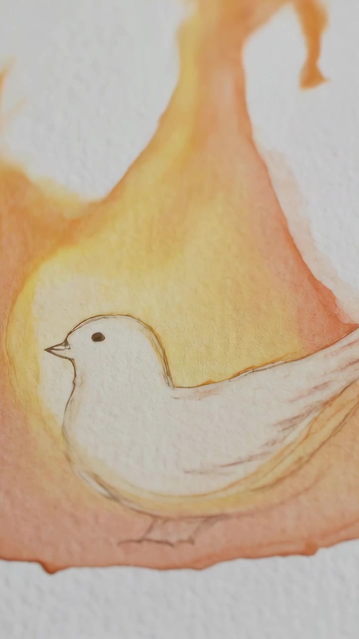 Vertikales Video: Sich vertiefender Aquarellfarbverlauf breitet sich auf strukturiertem Papier um eine Vogelzeichnung aus