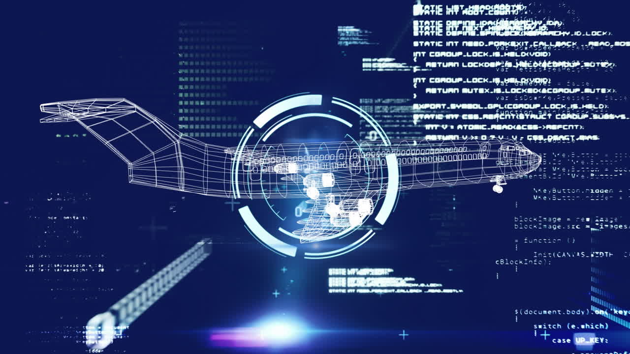 Wireframe airplane and digital code, futuristic technology animation