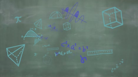 icono de graduación y diploma contra diagramas matemáticos y ecuaciones en la pizarra