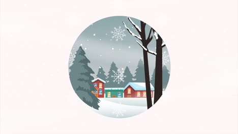 happy merry christmas card with houses and trees in snowscape scene