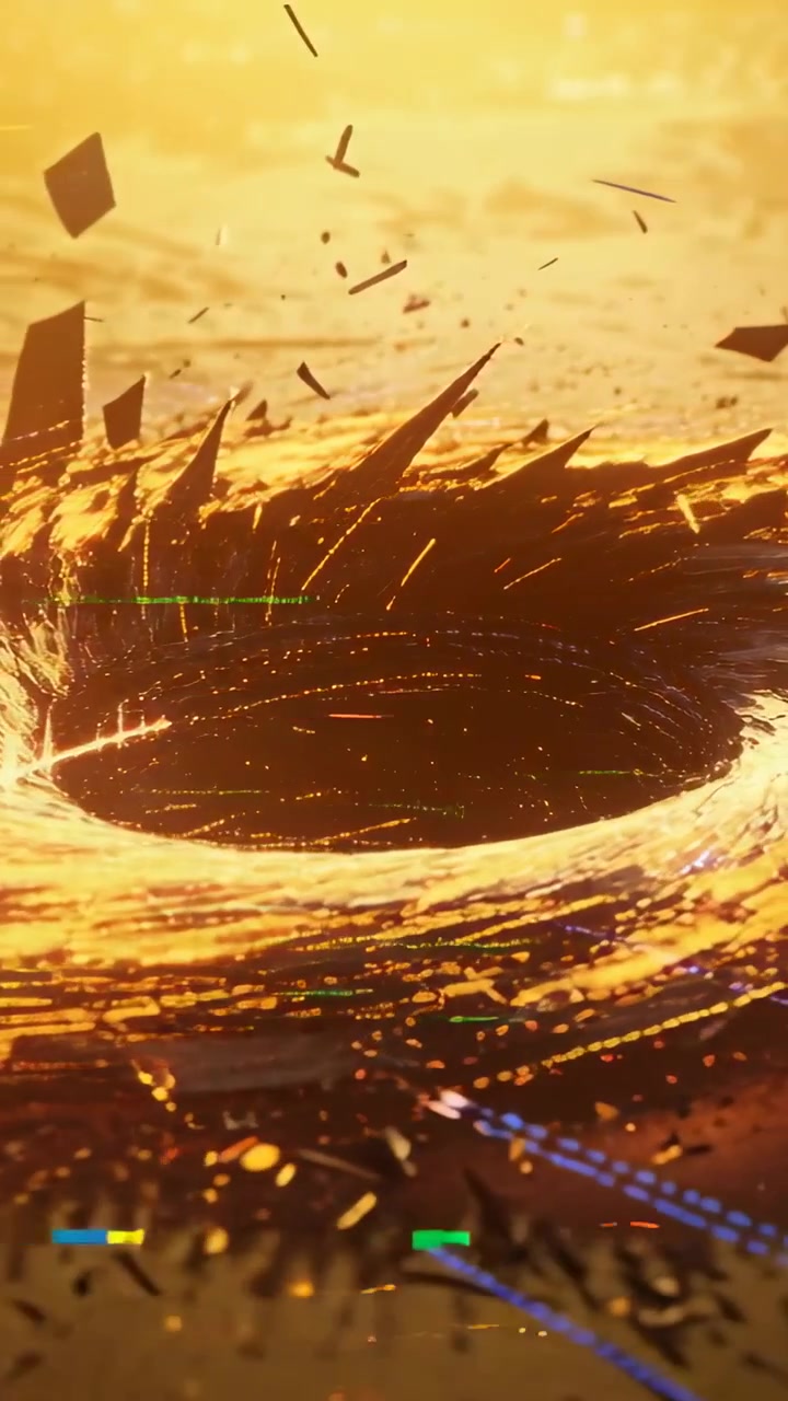 Video verticale: Forma d'onda pulsante che attira un vortice dorato verso l'interno su un piano metallico, sollevando schegge.