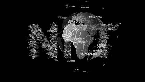 animación del procesamiento de datos con globo sobre texto nft en fondo negro