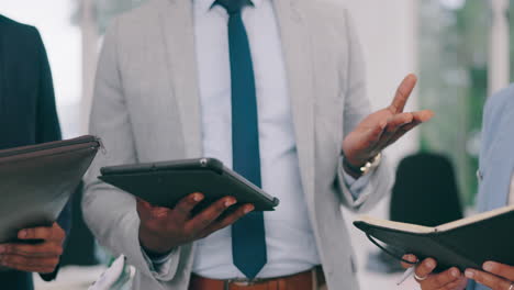 closeup, business people and staff with a tablet