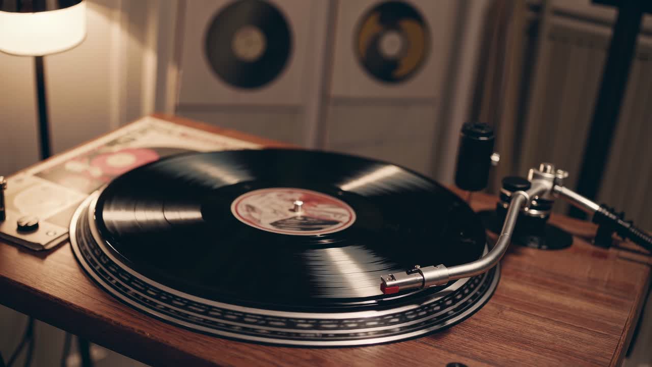 Vintage turntable playing a vinyl record, captured from a low-angle