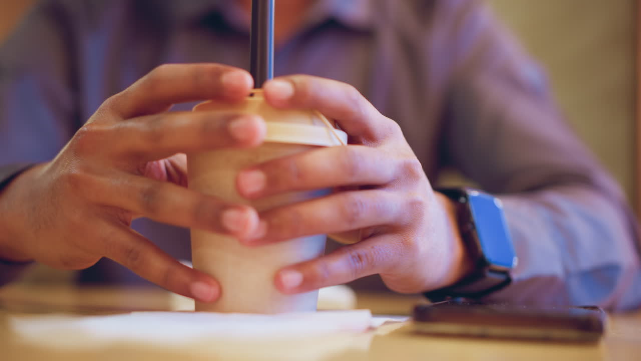 Close-up scene shows smartphone lying on wooden table partially covered by soft white napkin while person in purple shirt moves arm in blurred foreground, creating warm relaxed atmosphere in indoor setting