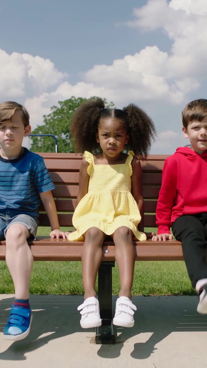 Vertical video: Recording center girl in yellow dress sitting on bench in park, boys swinging legs