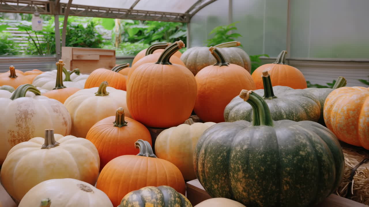 Variedad de calabazas y calabacines coloridos expuestos en un invernadero