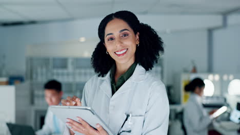 scientist, woman and tablet for research