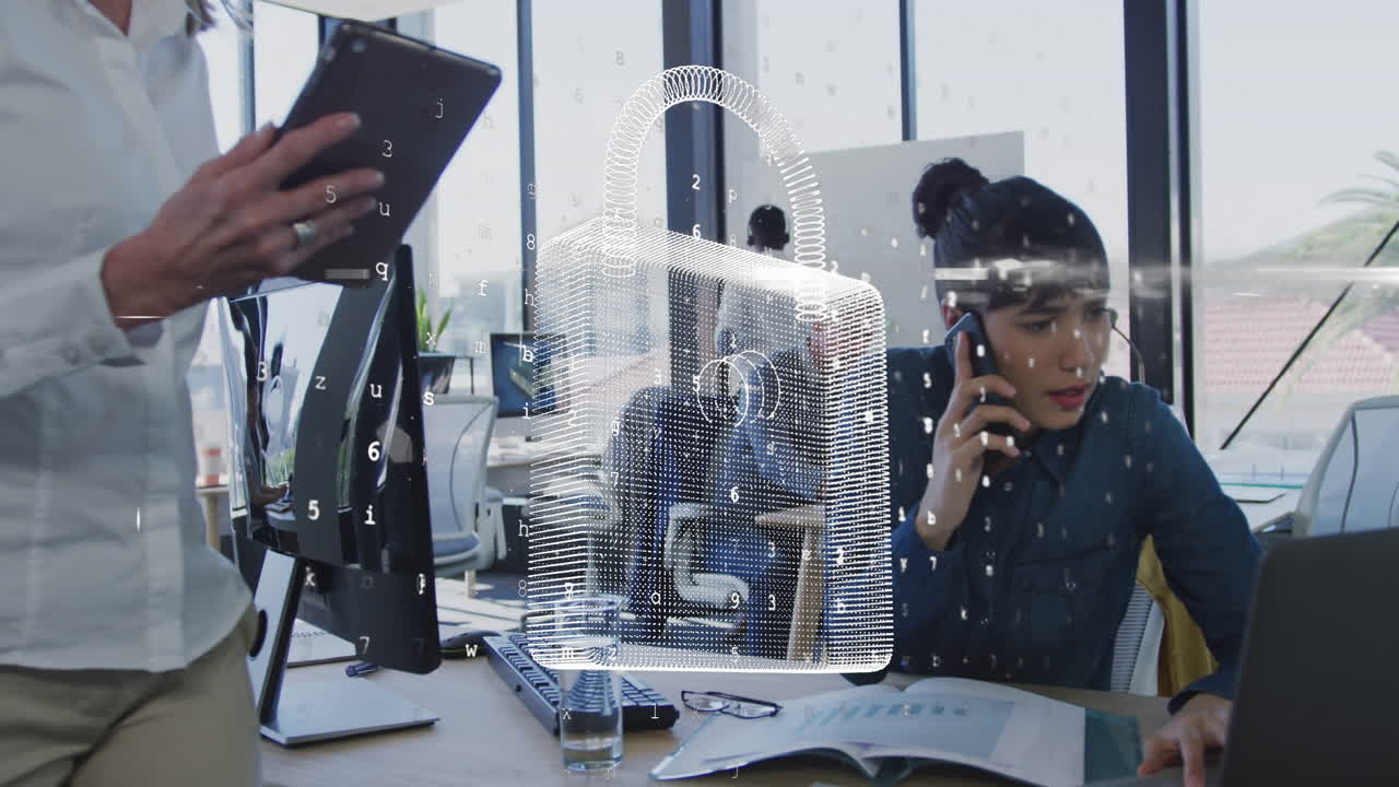 데이터 프로세싱의 애니메이션과 사무실에서 다양한 비즈니스 사람들의  ⁇ 락