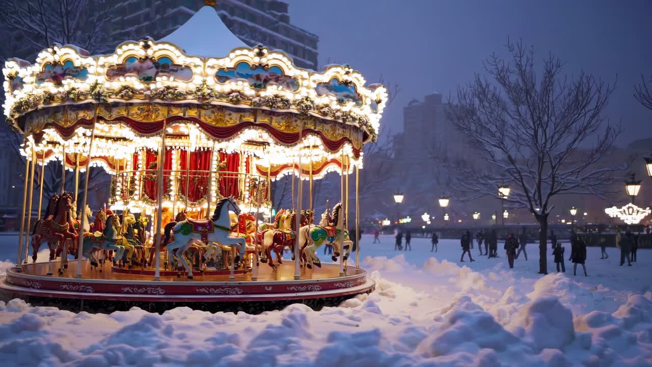 A nostalgic winter scene of a brightly lit carousel in the snow, captured at eye level