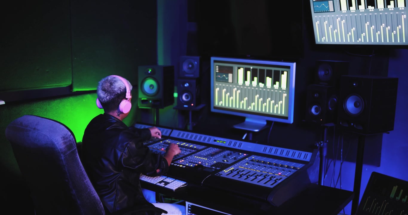Music Producer Working on Mixing Console in a Vibrant Recording Studio