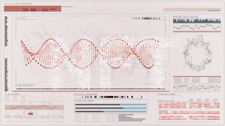 Animation of data processing and shapes over dna strand