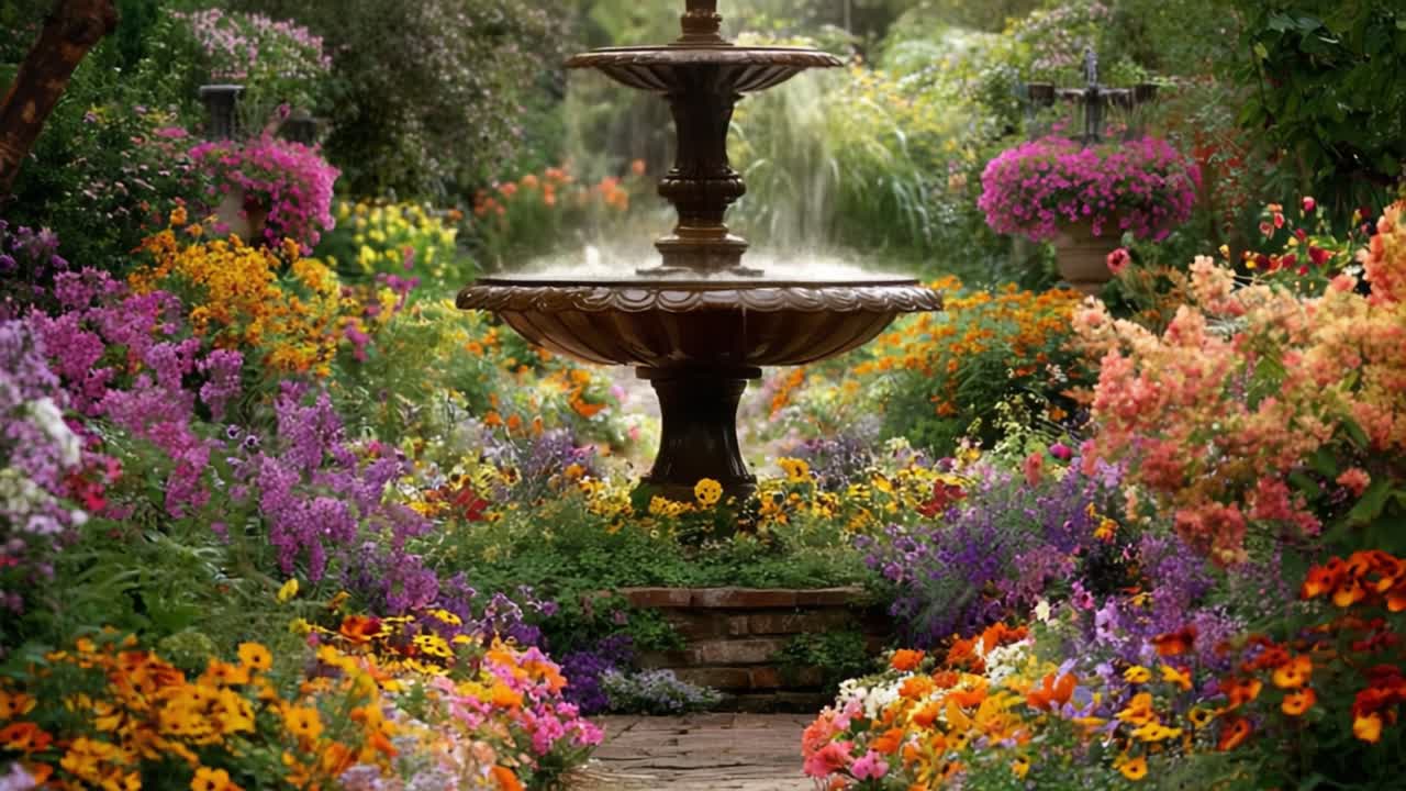Um Oásis Floral Sereno: Descubra a Beleza de uma Fonte de Jardim Rodeada por Flores Vibrantes e Vegetação Exuberante, Criando uma Atmosfera Encantadora de Tranquilidade