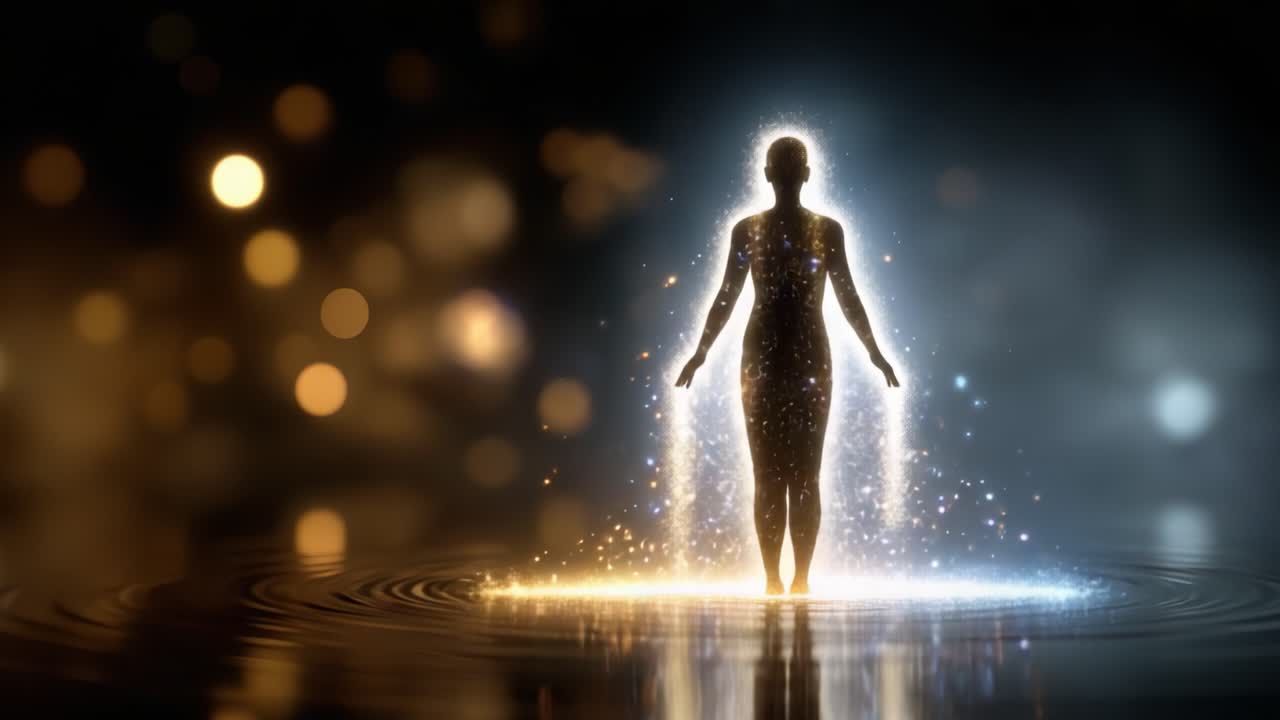 A Mystical Silhouette Emerges from a Celestial Glow, Surrounded by Sparkling Lights and Glimmering Water, Symbolizing Transformation and Spiritual Awakening