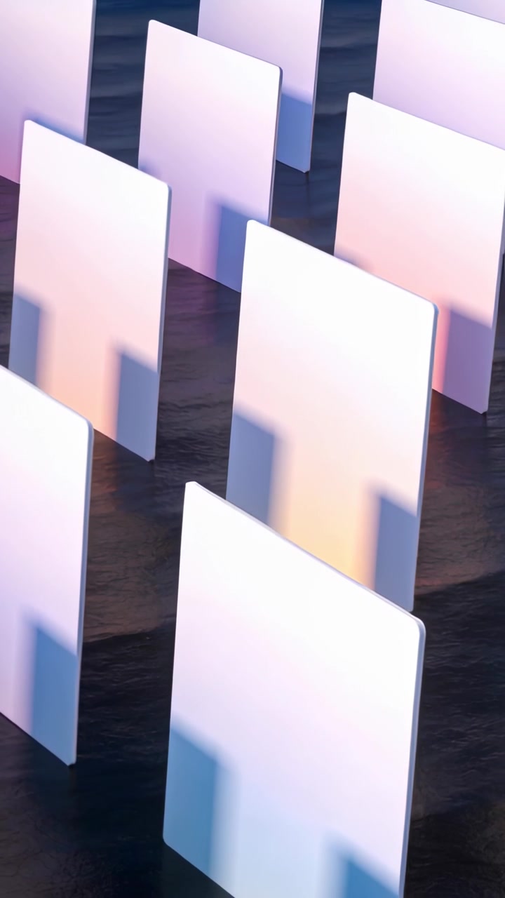 Vertical video: Panning camera revealing panel grid in studio on dark floor to expose pink shadows