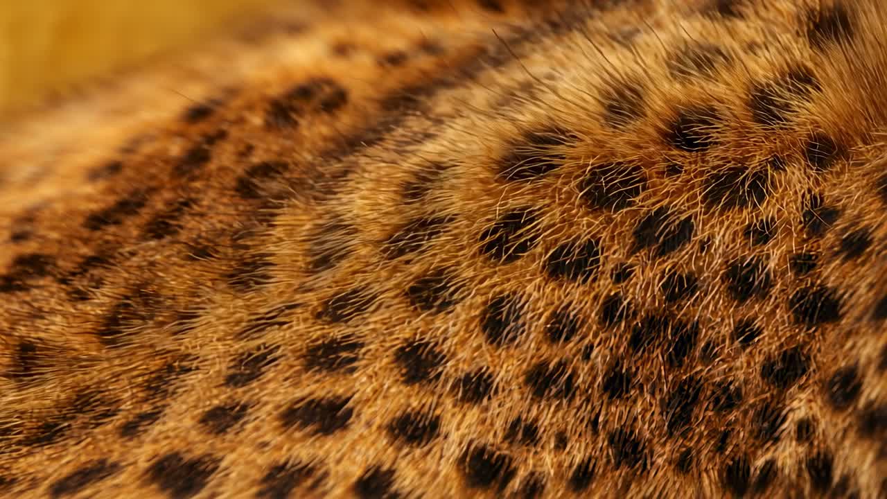 Beginning camera capturing close-up of spotted feline fur, shifting light revealing hair texture
