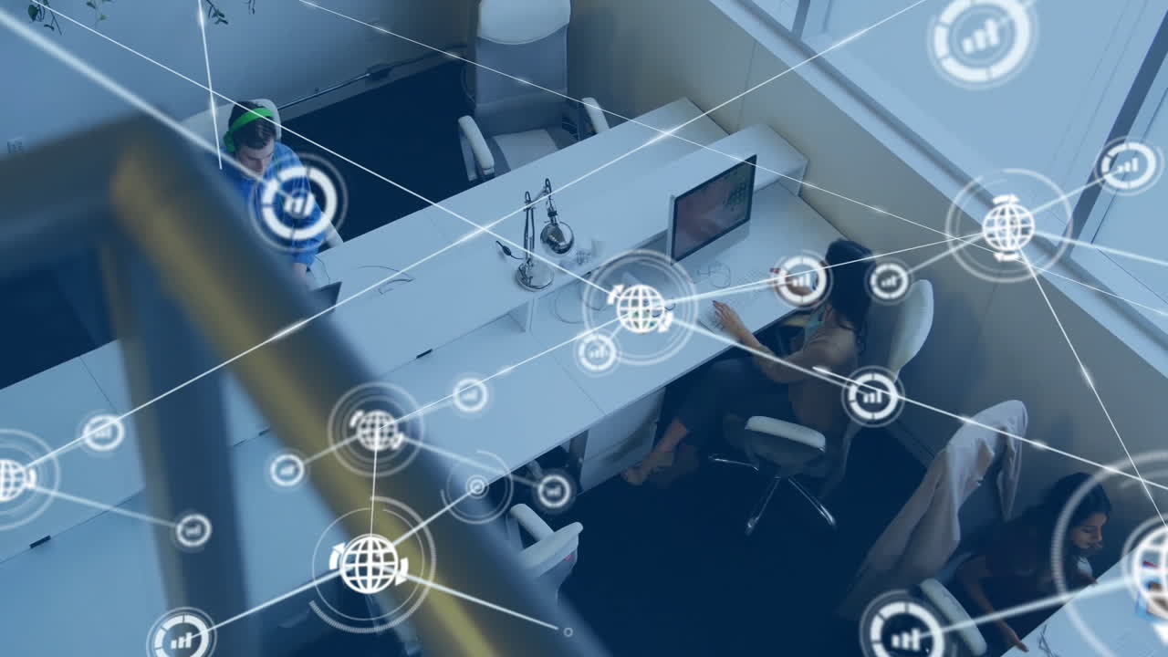 Animation of network of connections with icons over diverse colleagues using computer