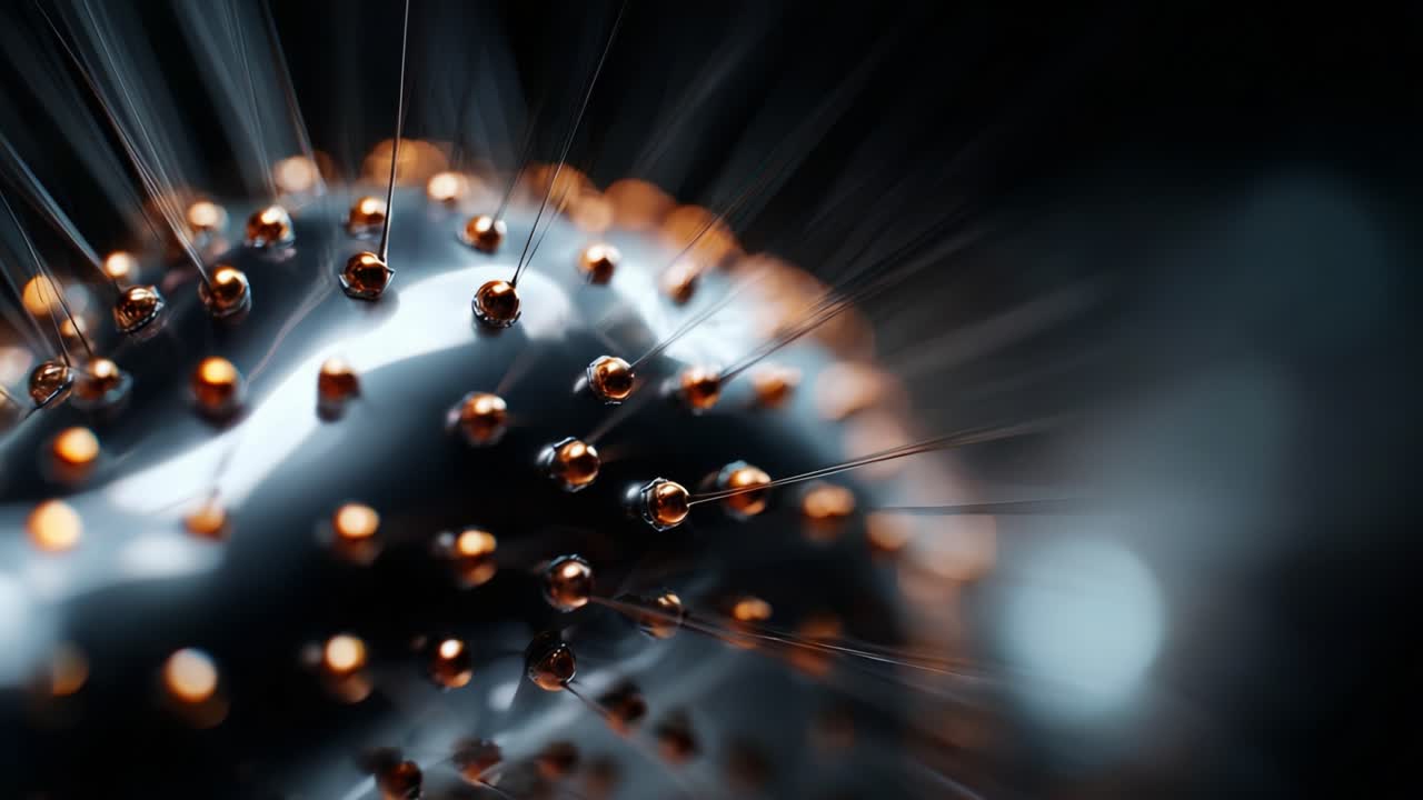 A Fascinating Macro View of a Metallic Sphere with Radiating Fibers and Glimmering Droplets, Capturing the Intricacies of Surface Tension and Textures in a Mysterious Abstract Setting