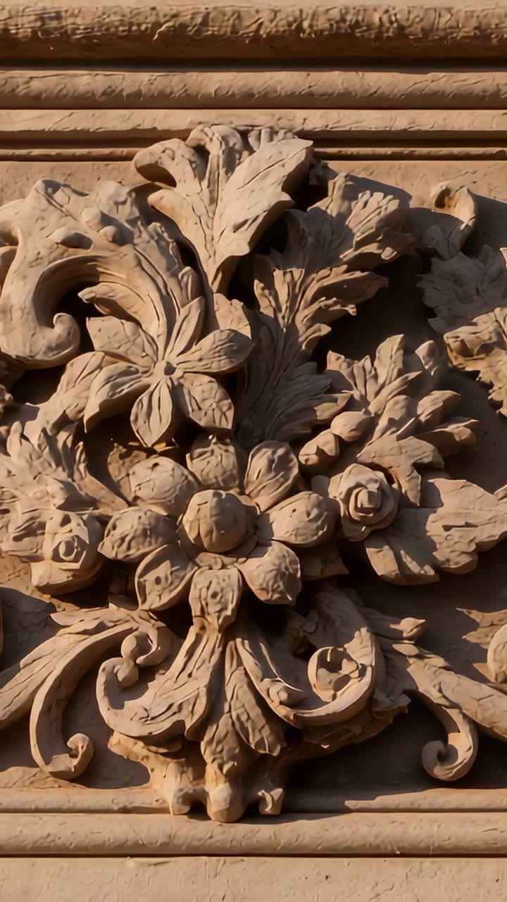 Vertical video: Starting playback, camera panning across building facade relief with roses