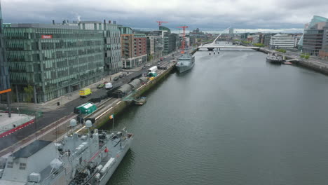 aerial view of two irish navy ships docked in dublin city