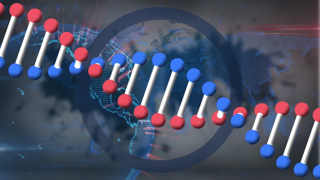 Il DNA su canale alfa crea uno splash grafico tecnologico in una stanza grigia.