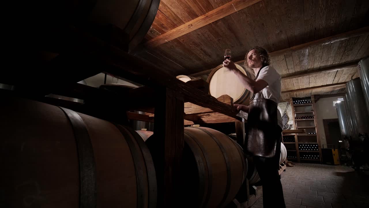 Authentic shot of successful male sommelier is tasting a flavor and checking white wine quality poured in transparent glass in a wine cellar.