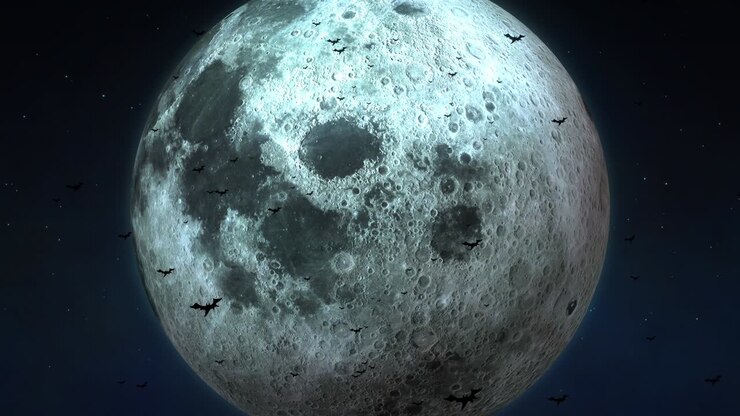 Großer Mond und Fledermäuse um Halloween-Mitternacht